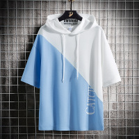 夏季短袖T恤男新款潮流ins宽松休闲连帽圆领拼接半袖体恤男士