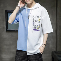 夏季短袖T恤男潮牌青少年拼接打底衫圆领连帽半袖体恤男