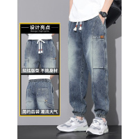 Mens jeans春夏潮流宽松百搭松紧腰工装牛仔裤男