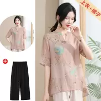 中老年夏装女妈妈装洋气中老年女装夏季衣服时尚气质短袖衫套装女