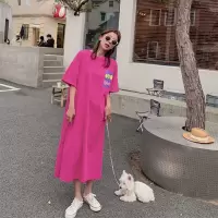 韩国大码女装连衣裙夏季胖mm长款短袖T恤女宽松开叉长裙打底衫女