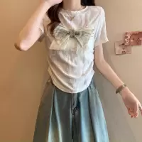 韩版夏季新款复古收腰显瘦破洞上衣MM蝴蝶结设计感正肩袖针织衫女