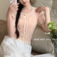 韩系波浪边撞色蝴蝶结系带上衣夏季新款设计感修身短袖针织衫女潮