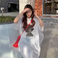6535棉夏季新款韩版宽松字母印花学生开叉短袖中长款连衣裙女INS