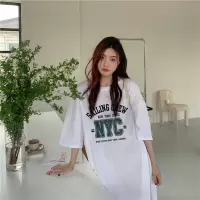 6535棉夏季新款韩版宽松字母印花学生开叉短袖中长款连衣裙女INS