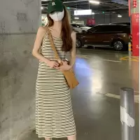 坎肩条纹针织连衣裙女士夏季中长款宽松T恤休闲无袖背心打底裙子