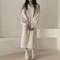 韩版纯色秋冬POLO领春秋网红新款加绒宽松慵懒风长款胖mm连衣裙子
