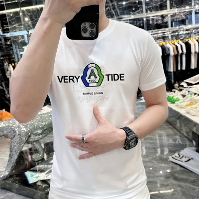 夏季新款时尚潮牌字母印花修身圆领百搭青年丝光棉短袖T恤男
