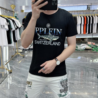 夏季新款欧货潮牌流行鲨鱼烫钻短袖男士圆领T恤休闲印花t半袖