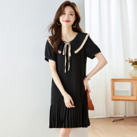 法式赫本风连衣裙夏新款减龄娃娃领a字百褶显瘦蝴蝶结小黑裙