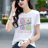 夏季新款女装宽松纯棉立体印花弧形短袖T恤女休闲竹节棉上衣