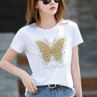 夏季新款洋气烫钻蝴蝶正肩短袖T恤女遮肚子显瘦欧货宽松半袖上衣