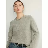 无缝一体100羊毛衫早秋花纱圆领针织衫女正肩长袖打底衫