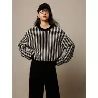 欧美ins竖条纹撞色羊毛针织衫女短款秋冬宽松长袖套头毛衣女