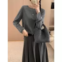 轻奢含羊绒针织衫女薄早秋卷边圆领打底衫女内搭长袖保暖毛衣