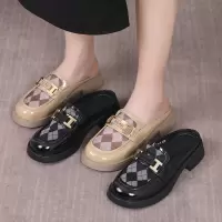 圆头金属网纱拼接牛漆皮大码包头拖纯色乐福大码低跟半托女夏