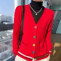 春秋女装韩版口袋毛衣外套宽松女式V领长袖外搭彩扣针织开衫