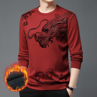 加绒卫衣男款加厚冬季新款圆领植绒中国龙大红色新年国潮男士卫衣