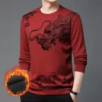 加绒卫衣男款加厚冬季新款圆领植绒中国龙大红色新年国潮男士卫衣