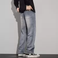 广州潮流男装秋季新款美式宽松怀旧阔腿百搭复古蓝抽绳牛仔裤男生