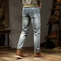 破洞牛仔裤男潮痞帅复古直筒日系潮款修身高弹高含棉休闲青年长裤