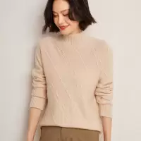 秋冬新款锁链花纹半高领羊绒针织衫女宽松时尚开叉打底衫休闲毛衣