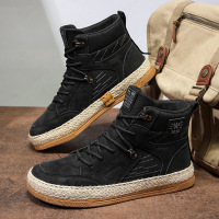 复古皮面拼接䓍编厚底增高男士板鞋工作休闲潮搭系带高帮运动男鞋