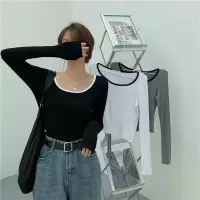 早秋新款修身长袖T恤女装锁骨内搭打底衫短款甜辣学生上衣潮
