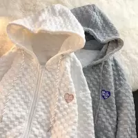早秋装新款连帽卫衣女宽松华夫格韩版百搭设计感长袖开衫外套