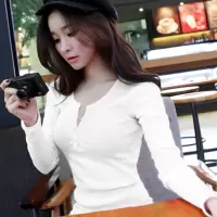 秋季纽扣螺纹纯色长袖T恤女装修身韩国新款上衣打底衫外穿潮