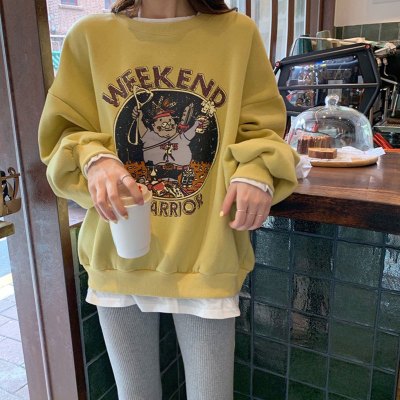 假两件加绒卫衣女秋冬新款宽松韩版卡通学生上衣女装