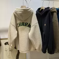 加绒连帽开衫外套女秋冬季新款显瘦宽松加厚仿羊羔绒拉链上衣