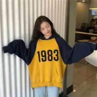 秋冬宽松韩版学院风女装撞色插肩袖连帽套头加绒卫衣女外套