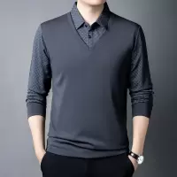 中年男士长袖T恤薄款中老年男春秋休闲翻领假两件体恤爸爸polo衫
