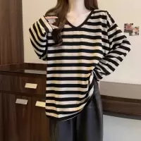 条纹v领T恤女春秋季新款设计感小个子显瘦宽松慵懒风长袖上衣