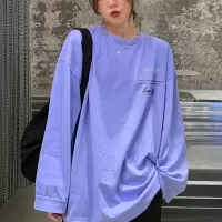 白色圆领长袖T恤女装新款设计感前后印花洋气复古chic宽松女上衣