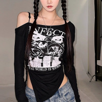 露肩T恤薄款不规则长袖防晒上衣美式复古印花设计感打底衫春秋款