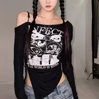 露肩T恤薄款不规则长袖防晒上衣美式复古印花设计感打底衫春秋款