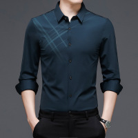 春秋款长袖衬衫男中年爸爸装合体衬衣休闲商务印花格子衬衫薄