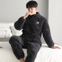 男士睡衣冬季玉狐绒三层夹棉加绒加厚法兰绒加肥加大码拉链家居服