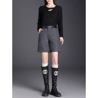 如果毛呢休闲裤女秋冬阔腿高腰羊毛A字五分短裤