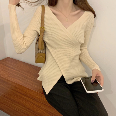 新款秋季不规则修身毛衣女露锁骨上衣套头内搭V领针织衫ins潮