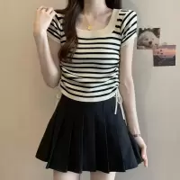 条纹针织短袖T恤女夏季宽松显瘦设计感短款抽绳上衣方领小衫