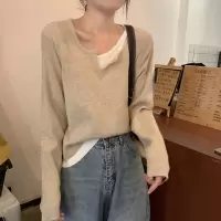 韩版ins风撞色假两件针织衫女秋冬新款显瘦内搭打底学生上衣