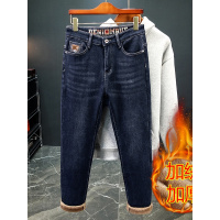 冬季重磅品质加绒牛仔裤男款青年刺绣保暖加厚直筒韩版柔软裤子男