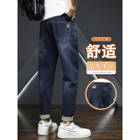 韩版男生加绒牛仔裤 可水洗品质舒适修身男裤 简约刺绣直筒裤男士