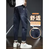 韩版男生加绒牛仔裤 可水洗品质舒适修身男裤 简约刺绣直筒裤男士