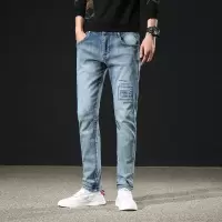 复古磨白补丁弹力男式牛仔裤春秋新款常规合体小直脚休闲长裤男