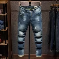 广州男装弹力休闲破洞牛仔裤春季常规合体小直脚男裤