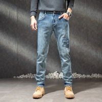 水洗复古磨破补丁小脚裤男装春秋舒适修身显廋百搭休闲牛仔长裤男